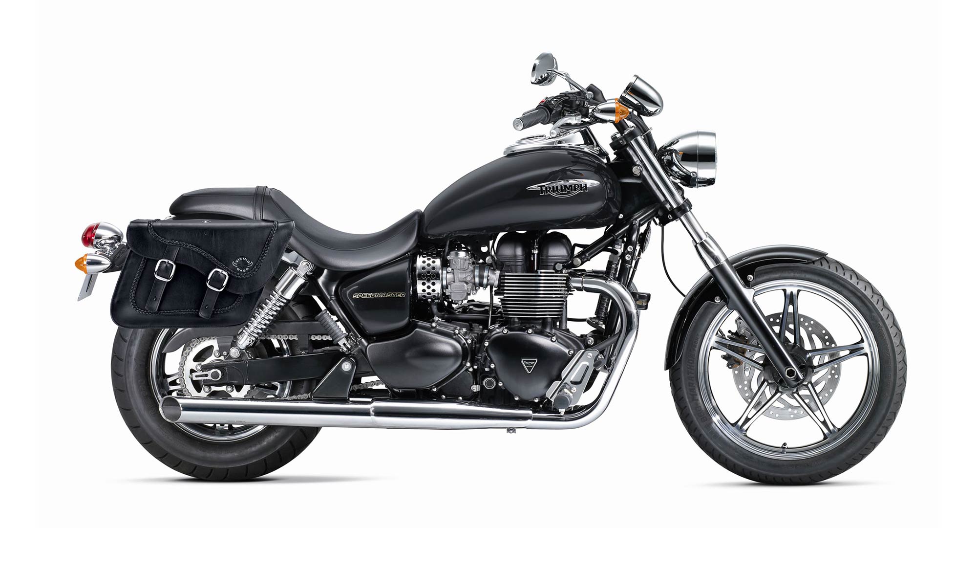 Viking Americano Triumph Speedmaster Braided Large Leather Motorcycle Saddlebags on Bike Photo @expand