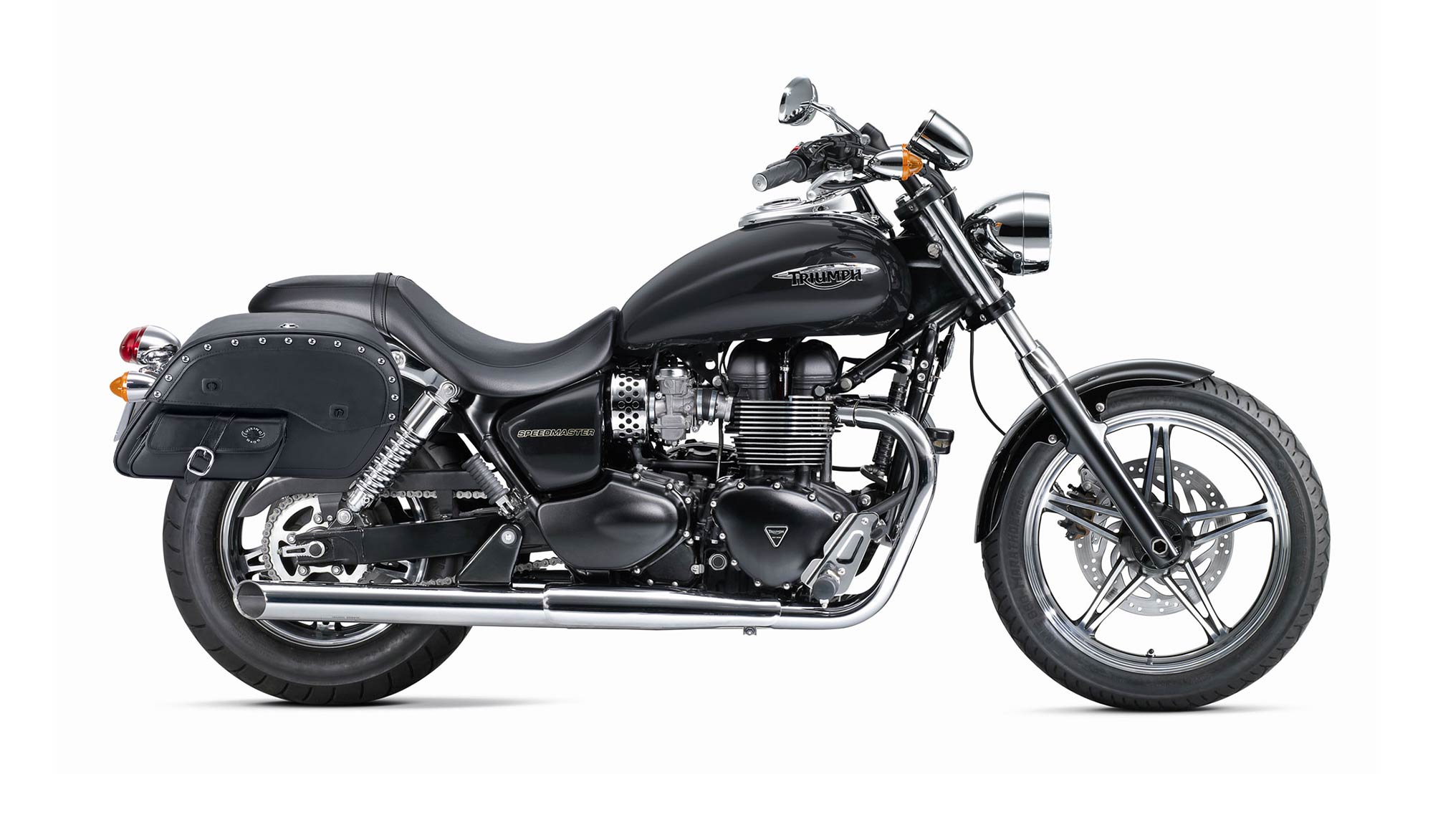 Viking Side Pocket Large Studded Triumph Speedmaster Leather Motorcycle Saddlebags on Bike Photo @expand