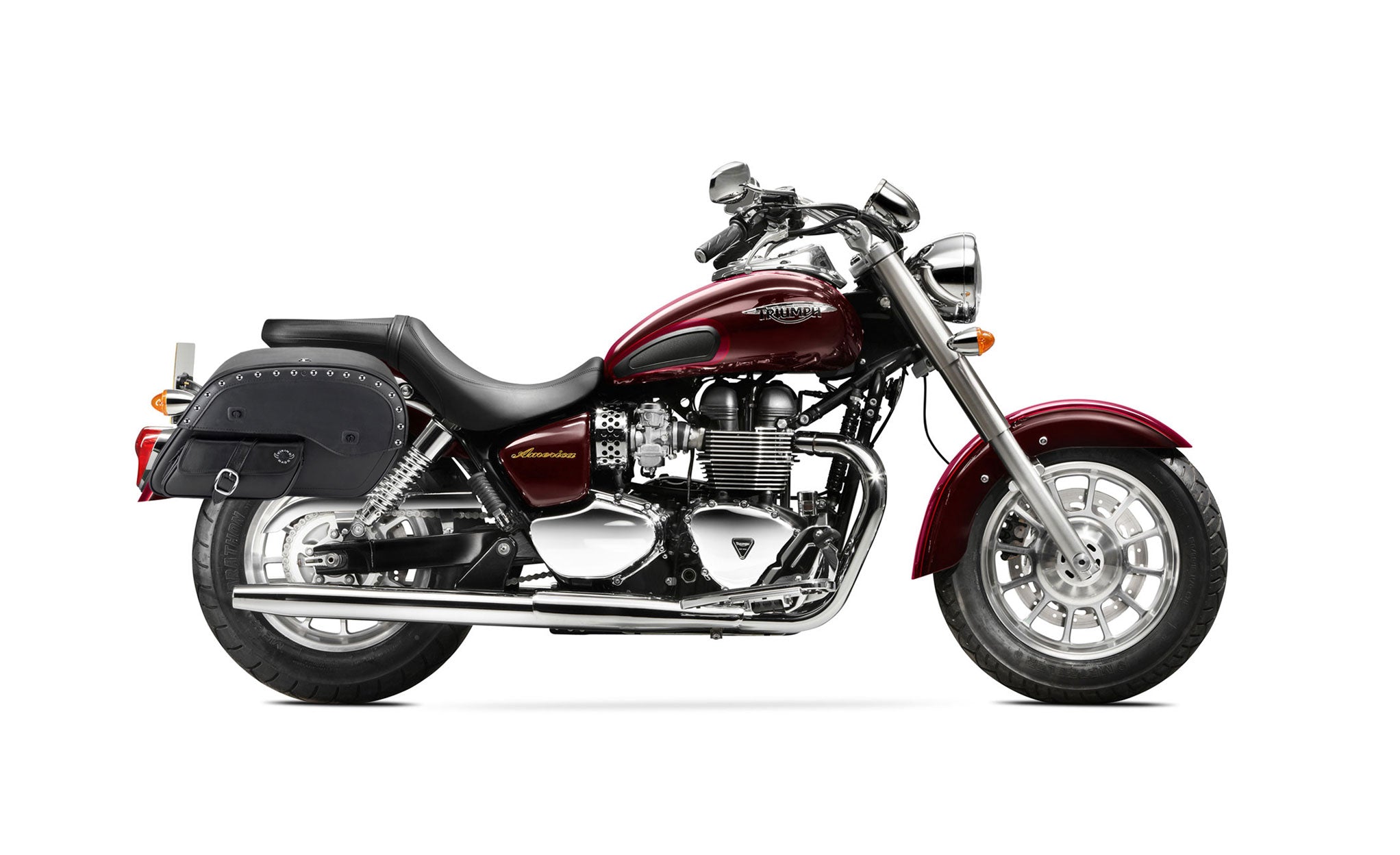 Viking Side Pocket Large Studded Triumph America Leather Motorcycle Saddlebags on Bike Photo @expand
