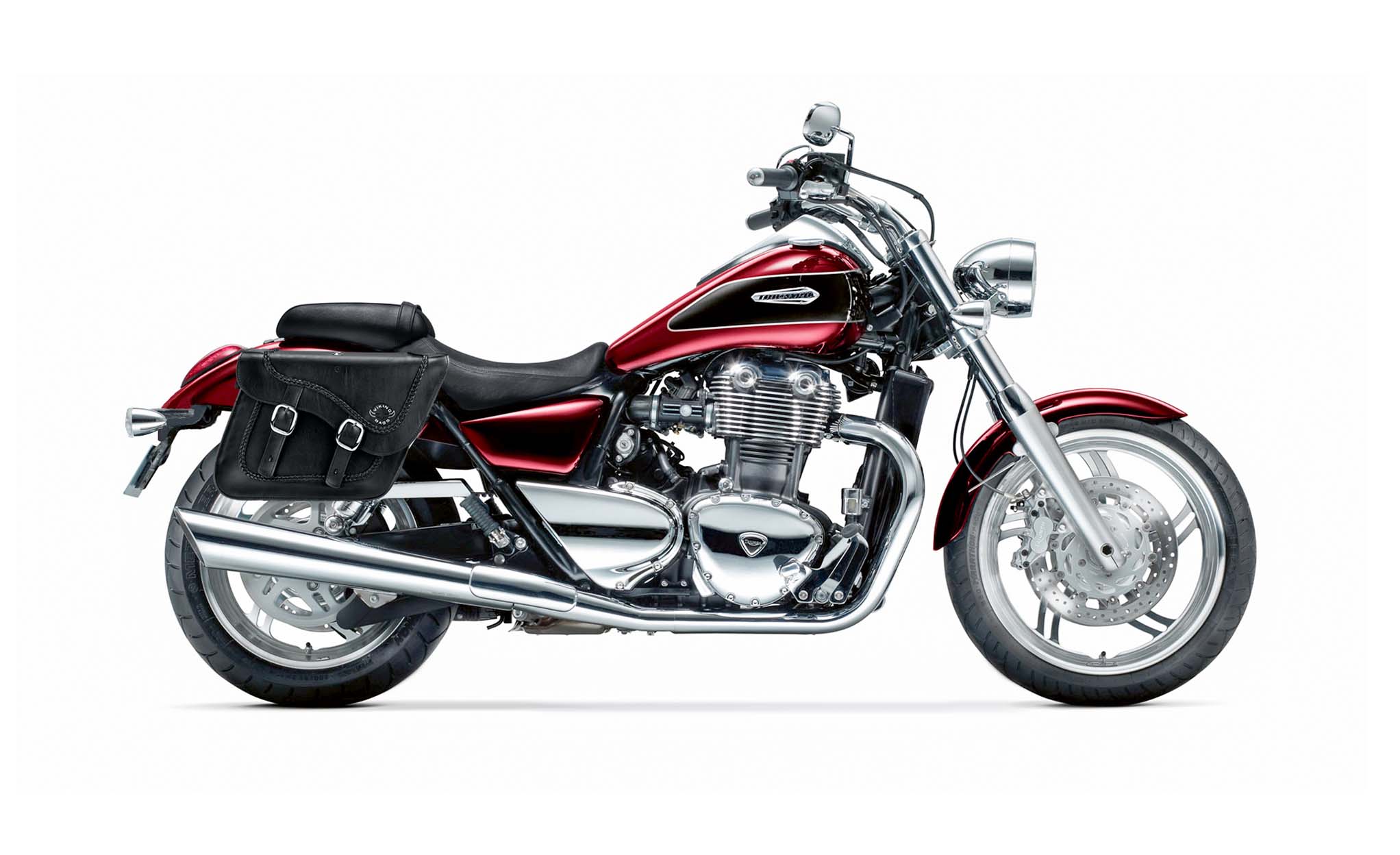Viking Americano Triumph Thunderbird 1700 Big Bore Braided Large Leather Motorcycle Saddlebags on Bike Photo @expand