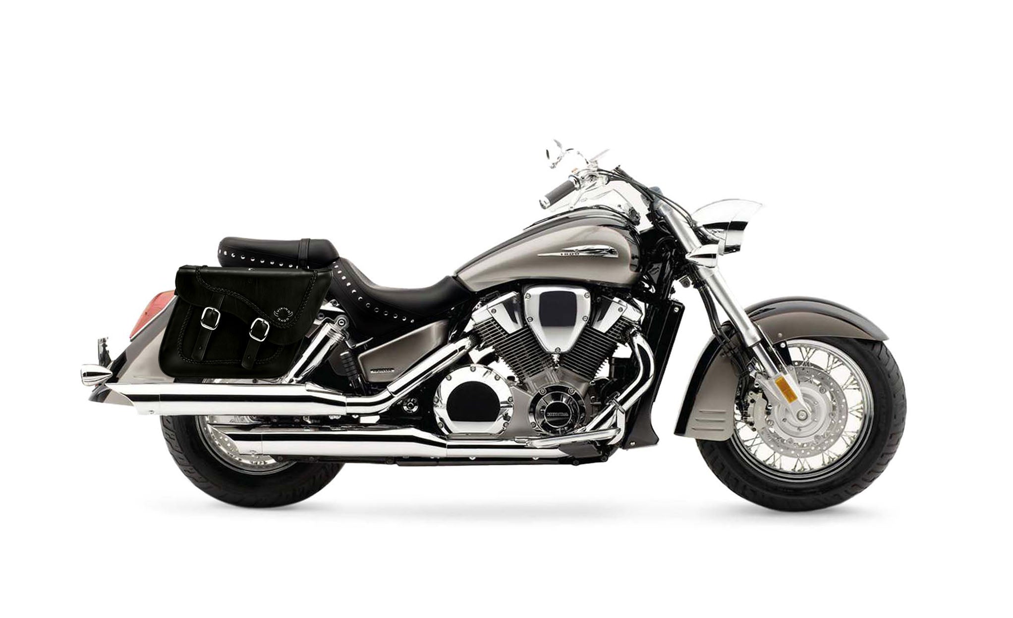 Viking Americano Honda Vtx 1800 S Braided Large Leather Motorcycle Saddlebags on Bike Photo @expand