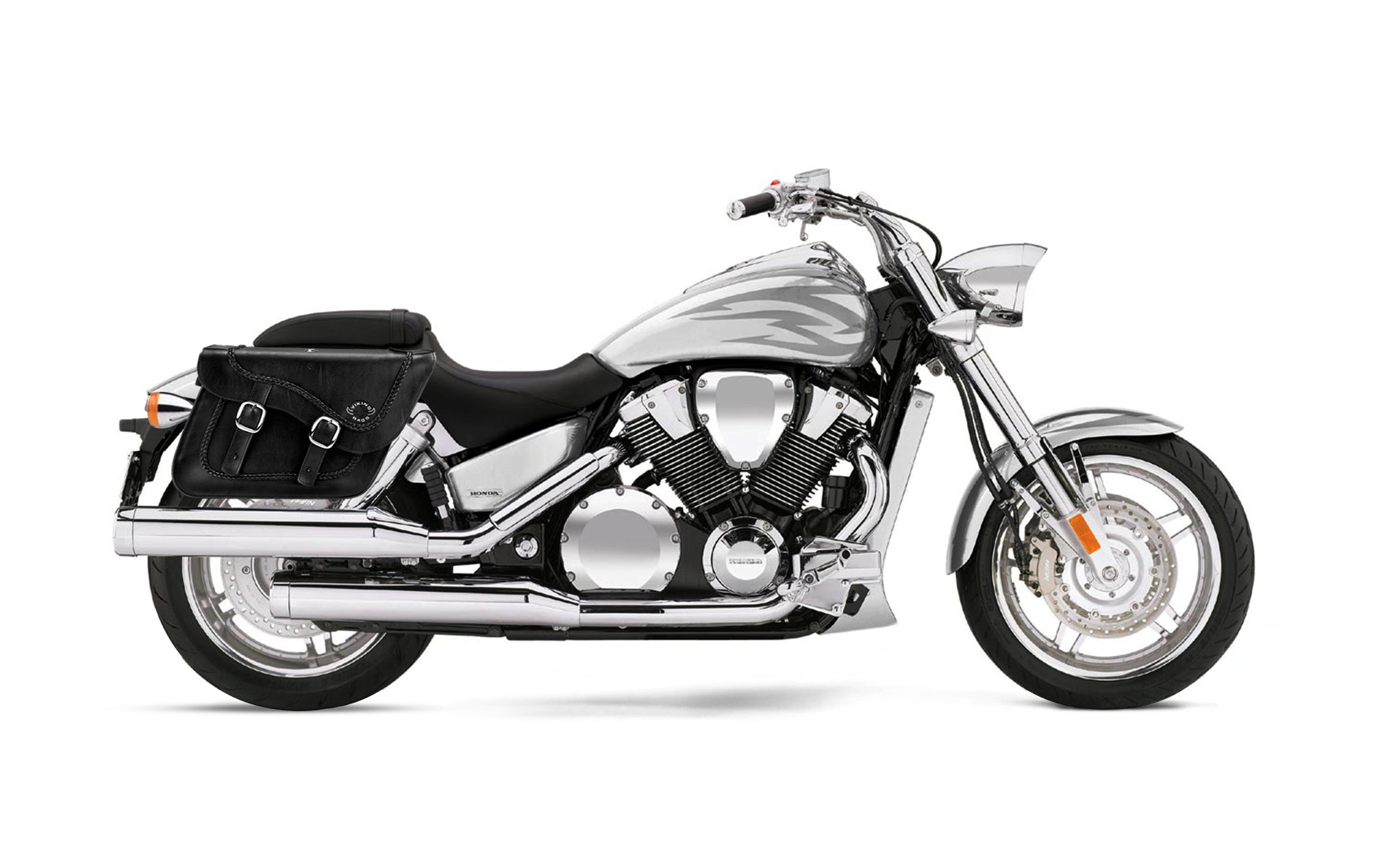 Viking Americano Honda Vtx 1800 F Braided Large Leather Motorcycle Saddlebags on Bike Photo @expand