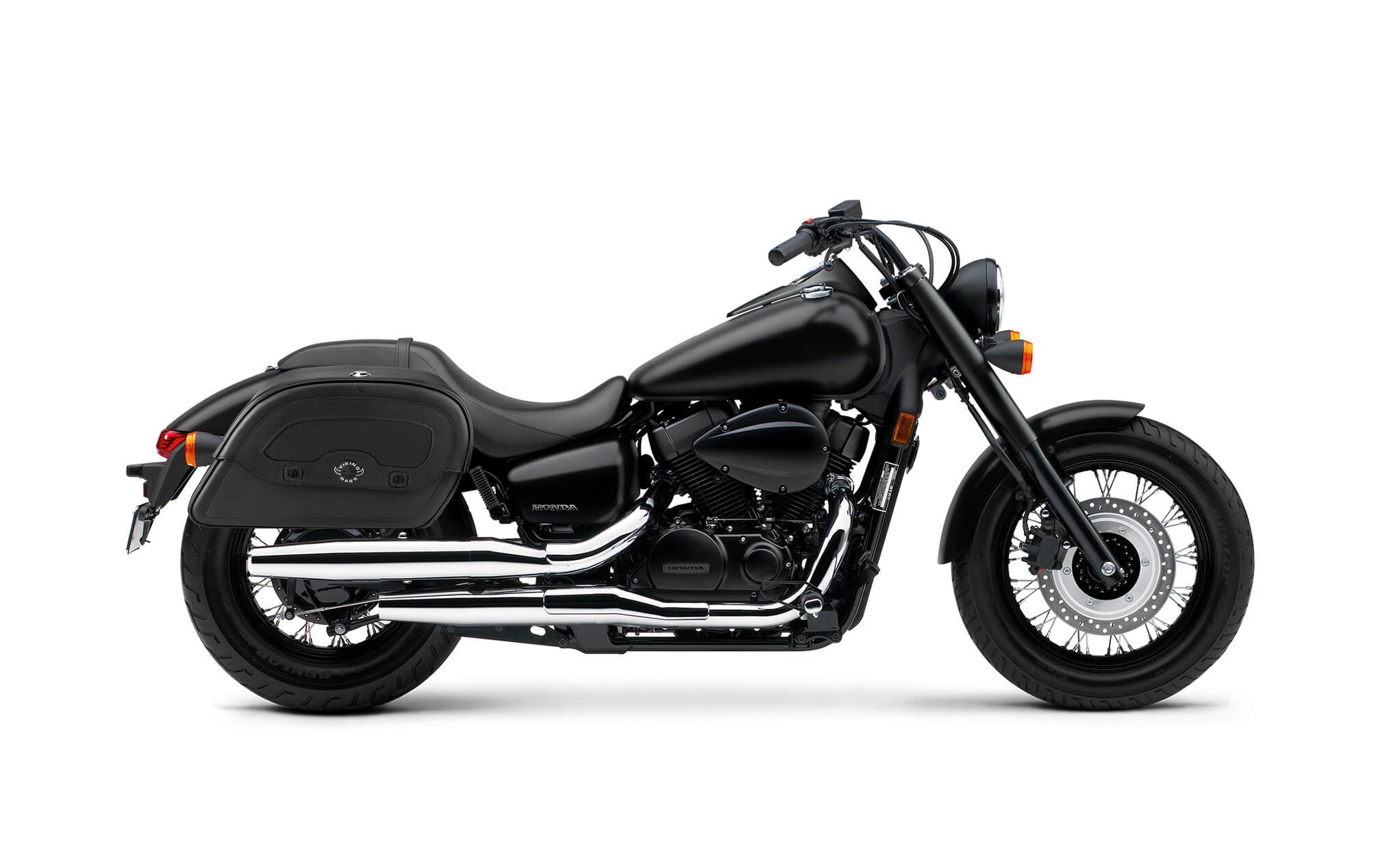 Viking Warrior Medium Honda Shadow 750 Phantom Leather Motorcycle Saddlebags on Bike Photo @expand