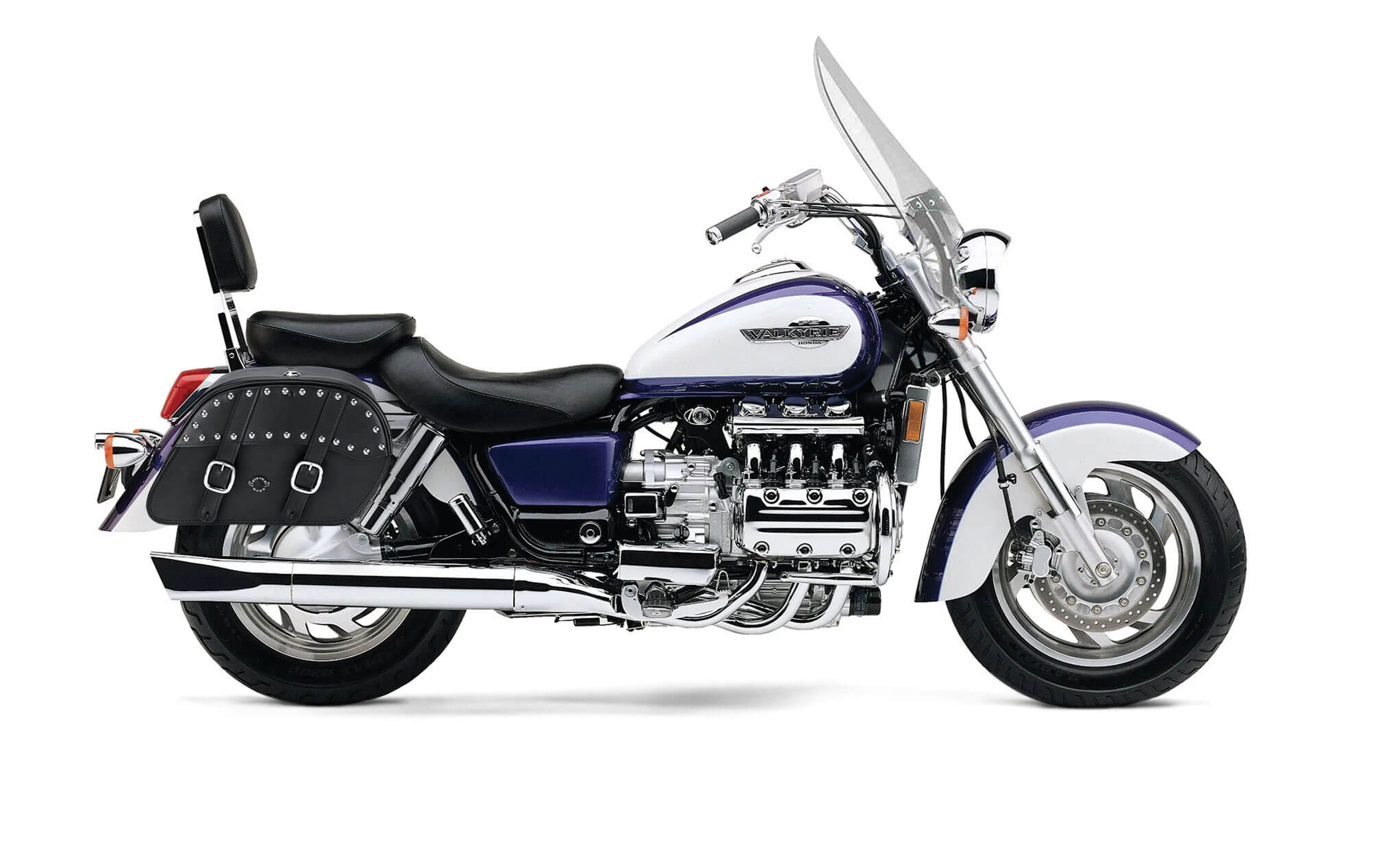 Viking Skarner Large Honda Valkyrie 1500 Tourer Leather Studded Motorcycle Saddlebags on Bike Photo @expand
