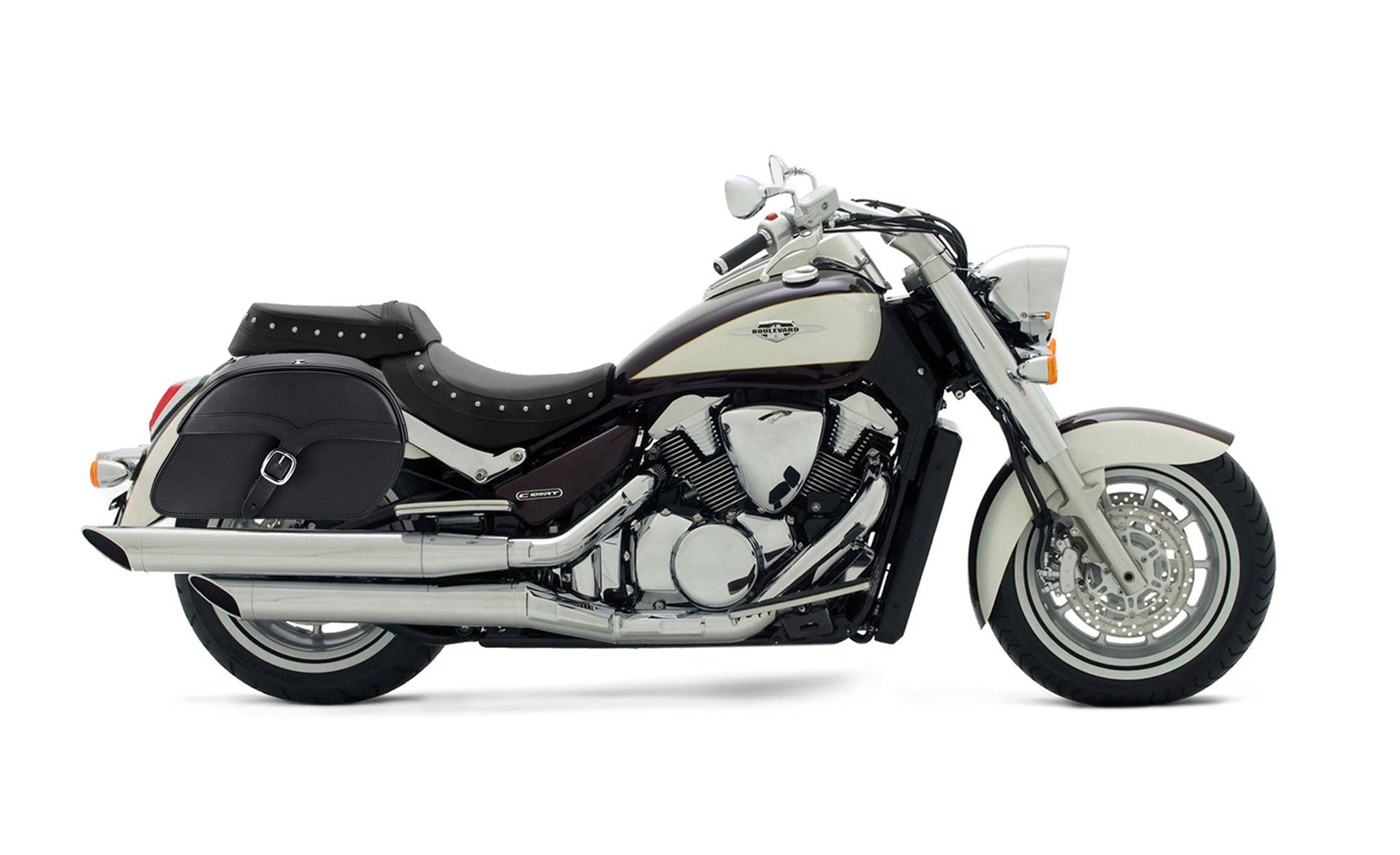 Viking Vintage Single Strap Large Suzuki Boulevard C109 Leather Motorcycle Saddlebags on Bike Photo @expand