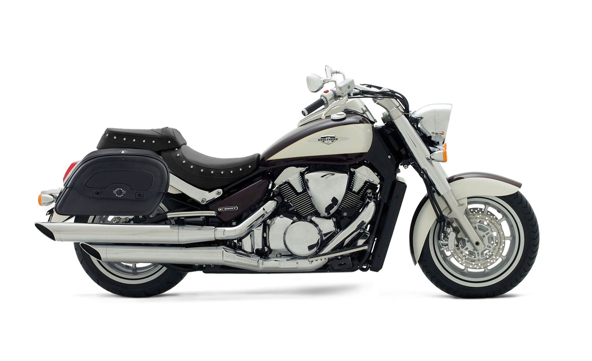 Viking Warrior Large Suzuki Boulevard C109 Leather Motorcycle Saddlebags on Bike Photo @expand