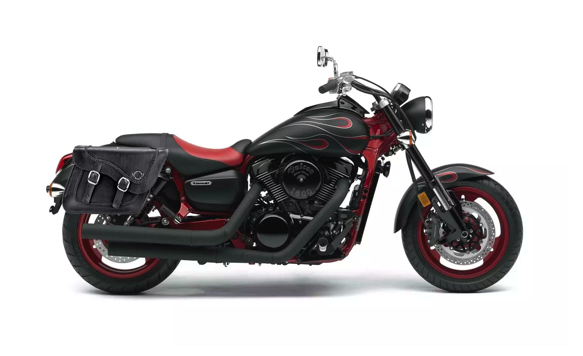 Viking Americano Kawasaki Mean Streak 1600 Braided Large Leather Motorcycle Saddlebags on Bike Photo @expand