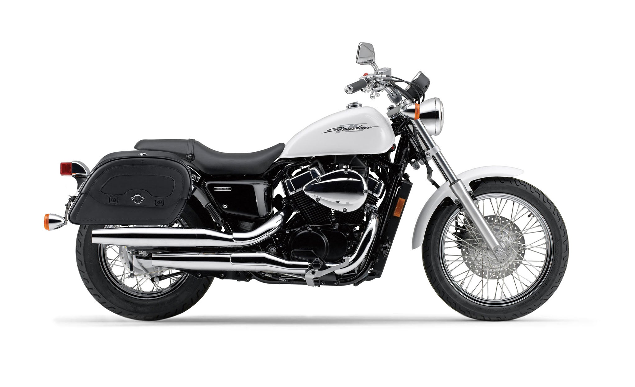 Viking Warrior Large Honda Shadow 750 Rs Shock Cut Out Leather Motorcycle Saddlebags on Bike Photo @expand