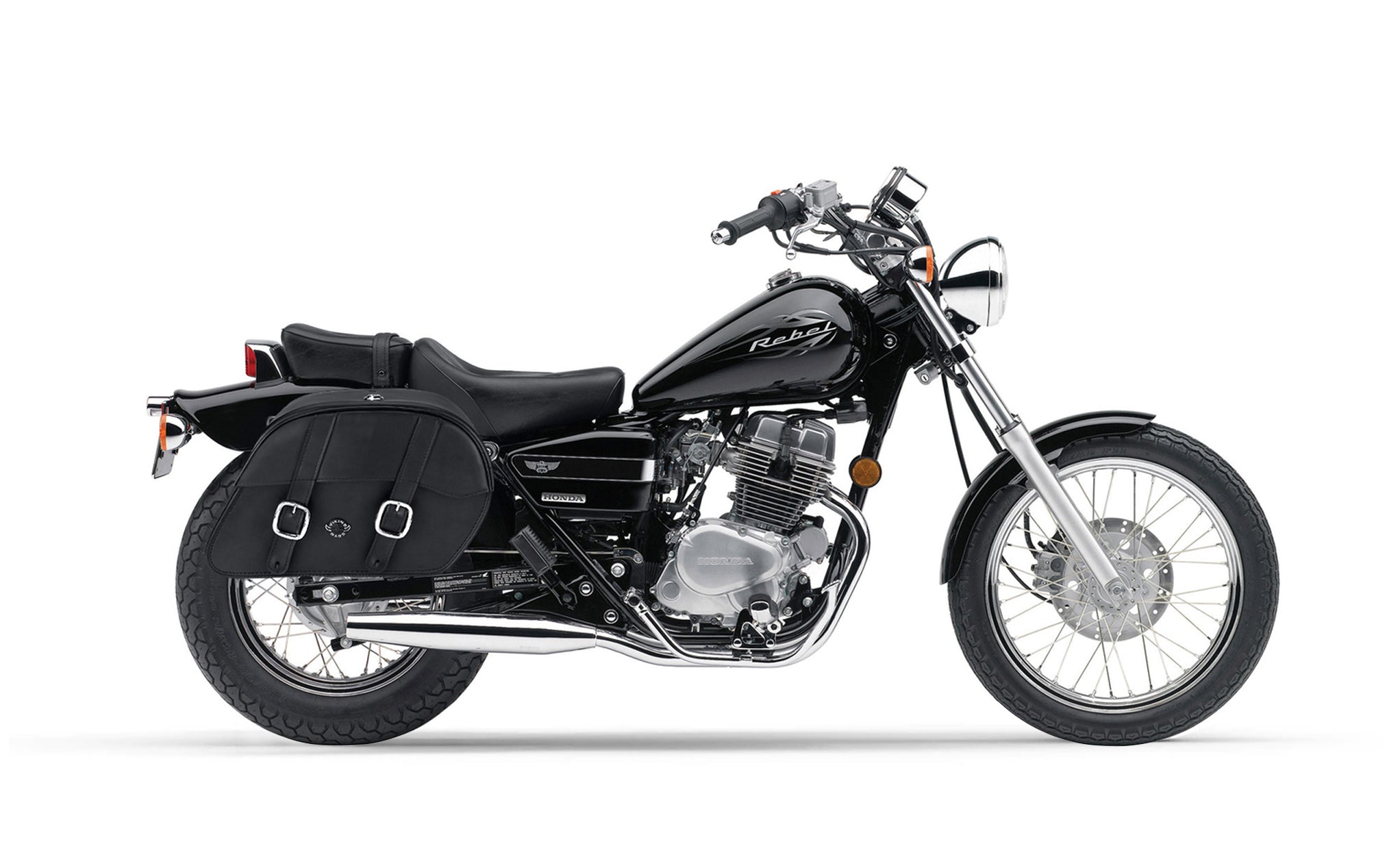 Viking Skarner Large Honda Rebel 250 Shock Cut Out Leather Motorcycle Saddlebags on Bike Photo @expand