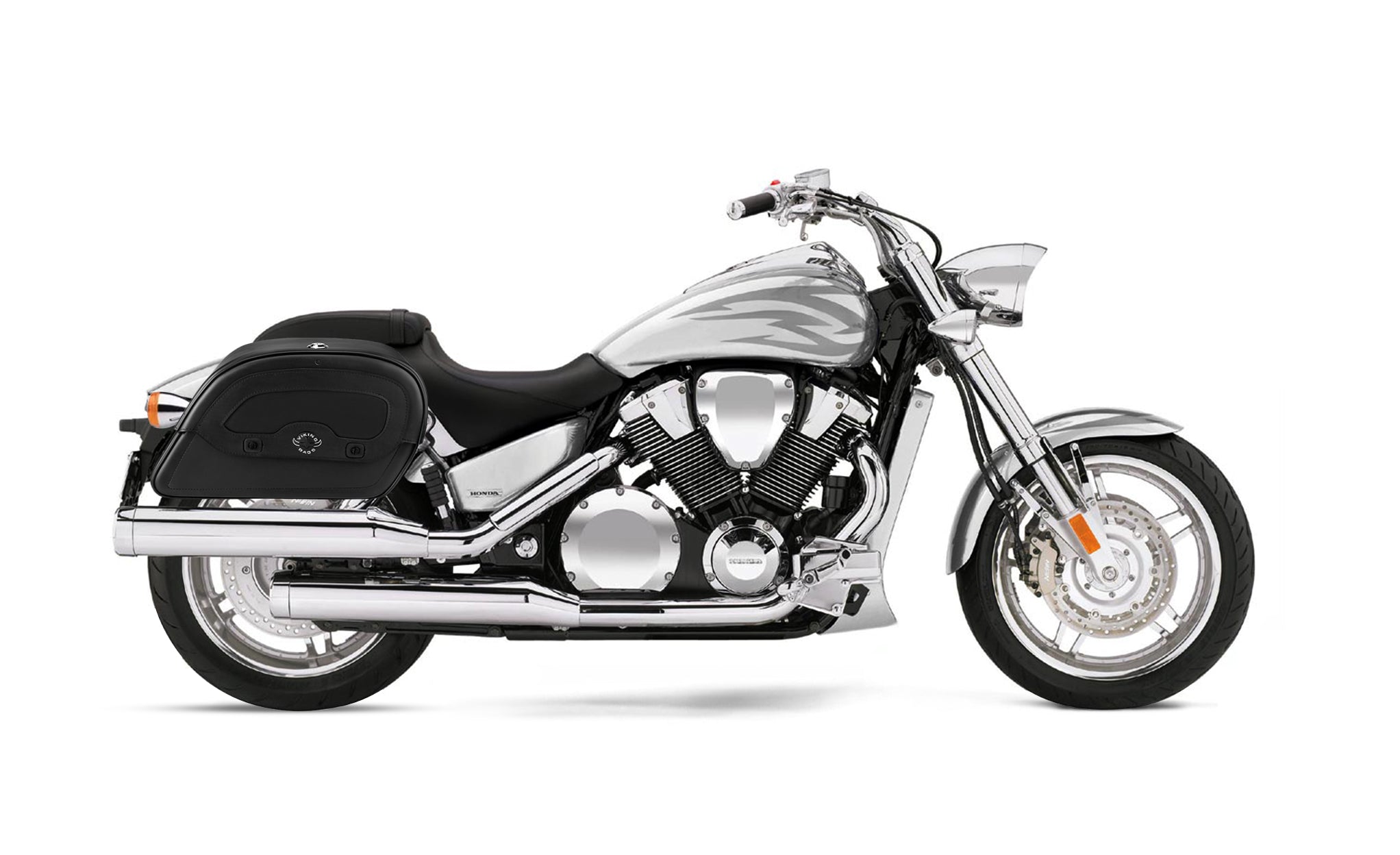 Viking Warrior Large Honda Vtx 1800 F Shock Cut Out Leather Motorcycle Saddlebags on Bike Photo @expand