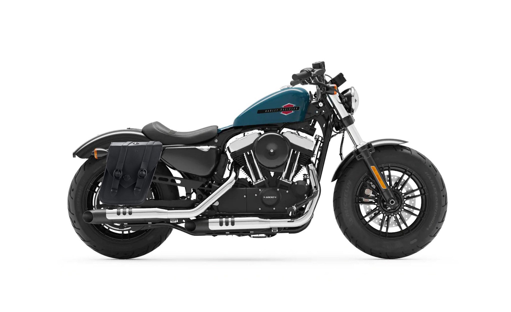 Viking Dark Age Medium Leather Motorcycle Saddlebags For Harley Sportster 48 Xl1200X on Bike Photo @expand