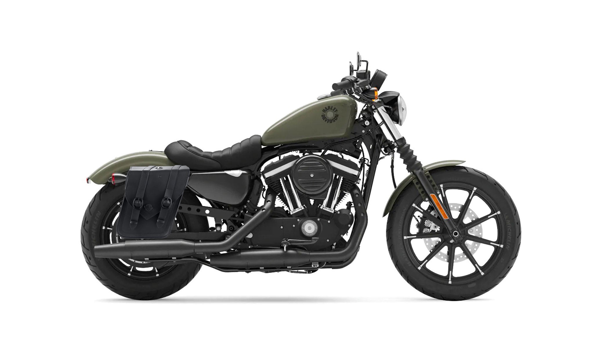 Viking Dark Age Medium Leather Motorcycle Saddlebags For Harley Sportster 883 Iron Xl883N on Bike Photo @expand