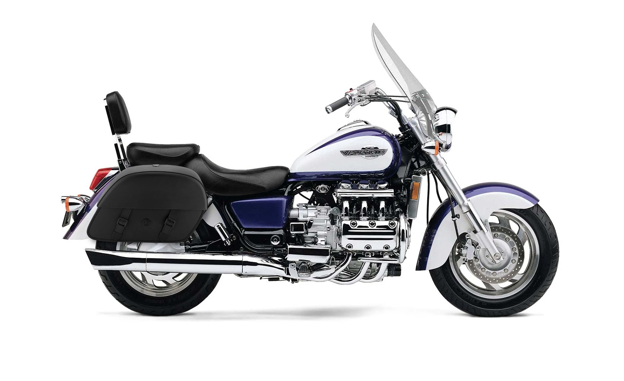 Viking Baelor Large Honda Valkyrie 1500 Tourer Leather Motorcycle Saddlebags on Bike Photo @expand