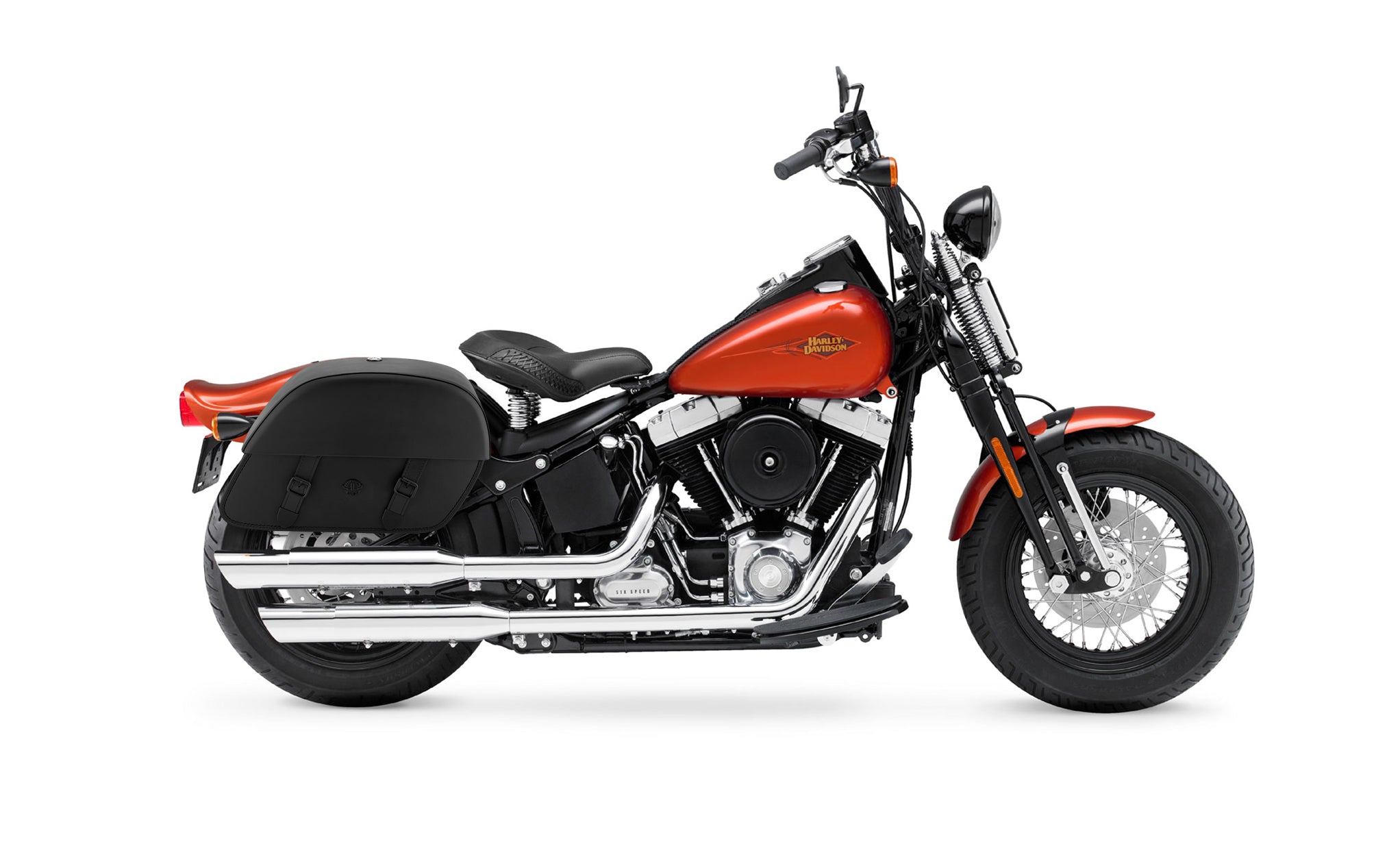 Viking Baelor Large Leather Motorcycle Saddlebags For Harley Davidson Softail Cross Bones Flstsb on Bike Photo @expand