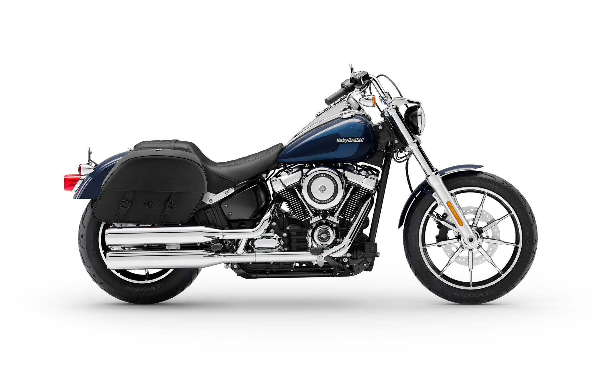 Viking Baelor Large Leather Motorcycle Saddlebags For Harley Davidson Softail Low Rider Fxlr on Bike Photo @expand