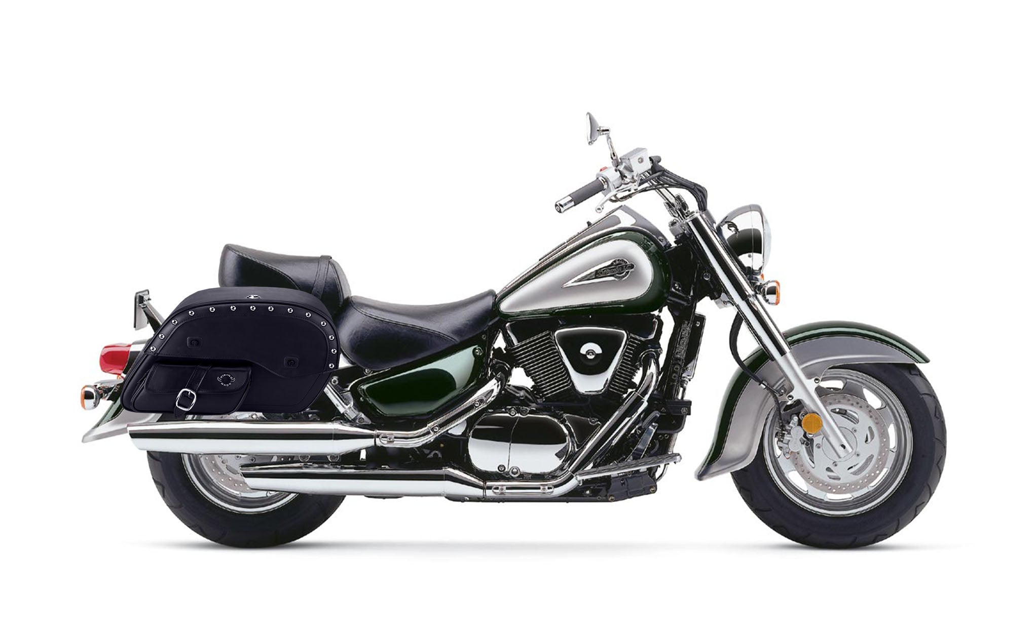 Viking Side Pocket Large Studded Suzuki Intruder 1500 Vl1500 Leather Motorcycle Saddlebags on Bike Photo @expand