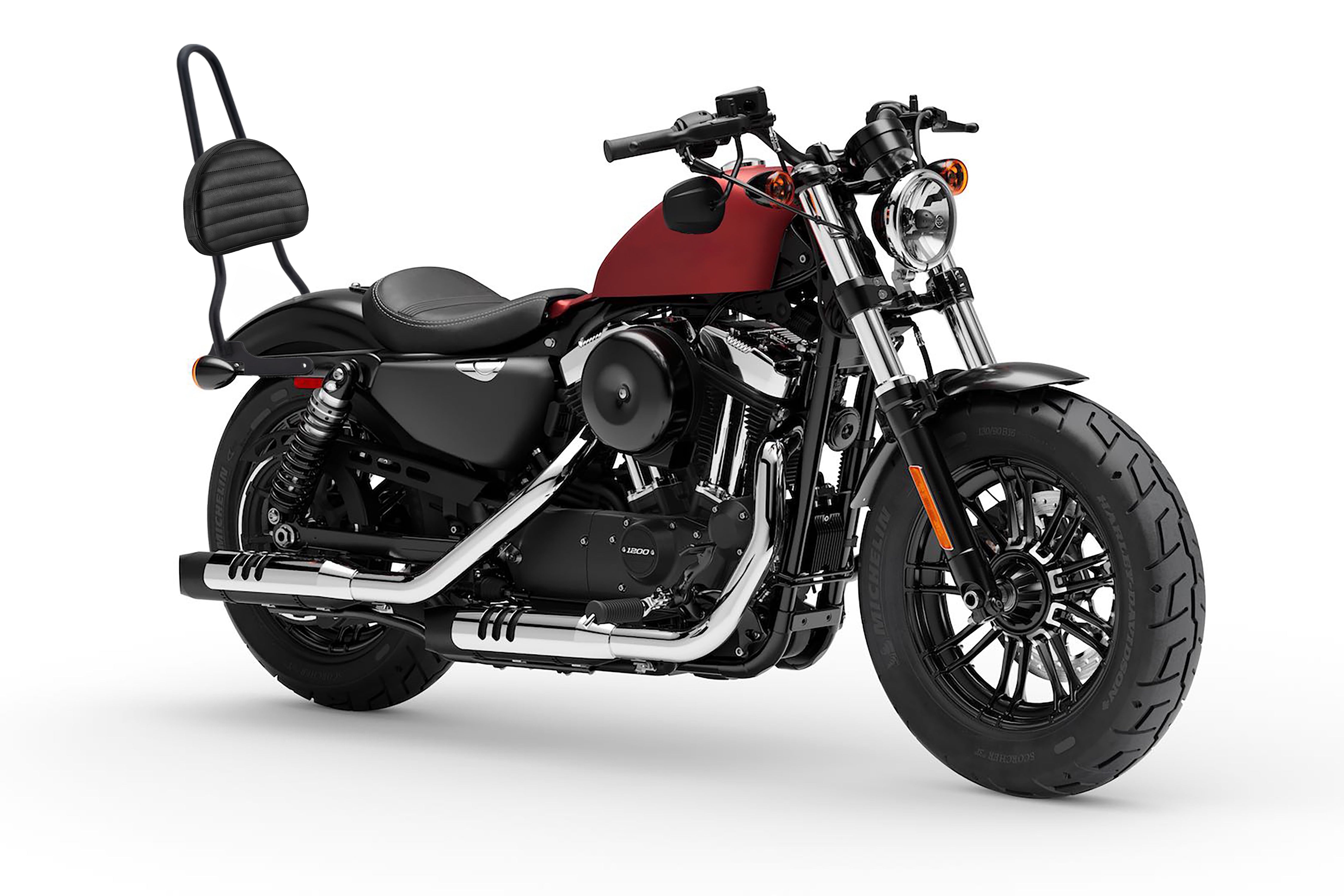 Viking Iron Born Crescent Horizontal Stitch Leather Motorcycle Sissy Bar Pad for Harley Davidson Bag on Bike View @expand