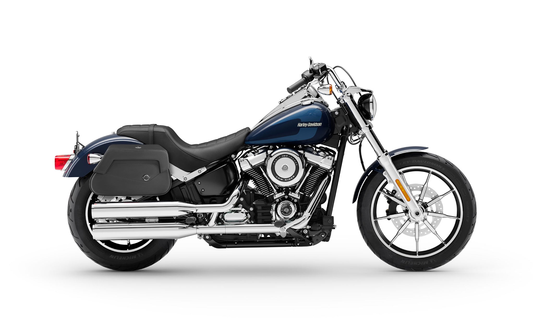 Viking Loki Plain Small Leather Motorcycle Saddlebags For Harley Softail Low Rider Fxlr on Bike Photo @expand