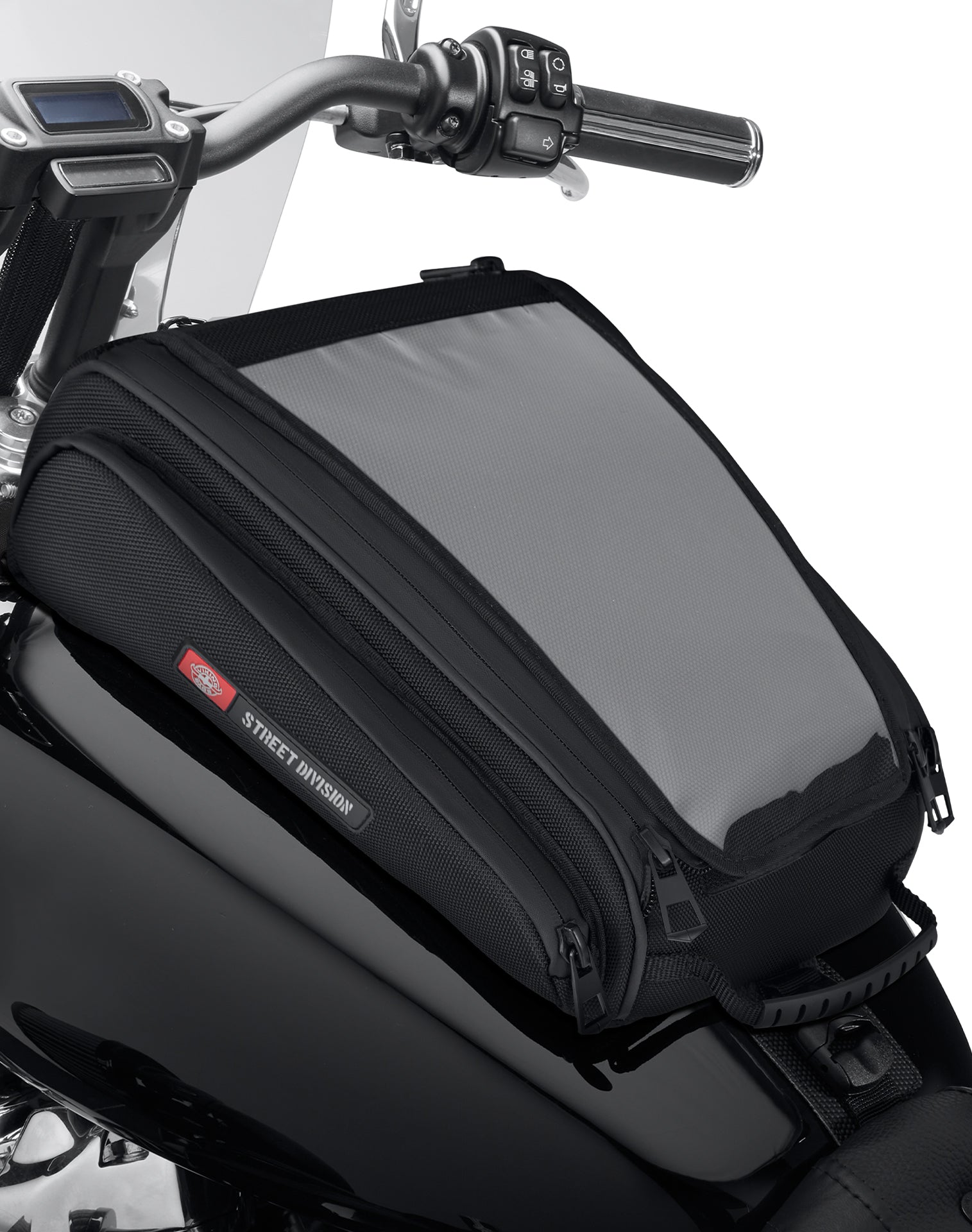 Viking Voyage Tank Bag for Harley Softail Slim FLSL Closeup Bag on Bike