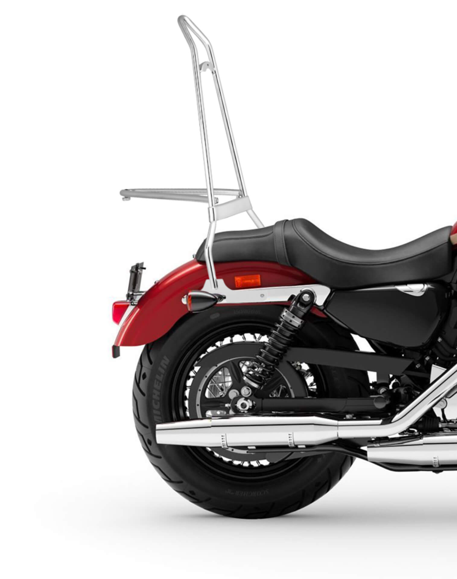 Iron Born Blade 25" Sissy Bar with Foldable Luggage Rack for Harley Sportster 1200 Custom XL1200C Chrome Close Up View