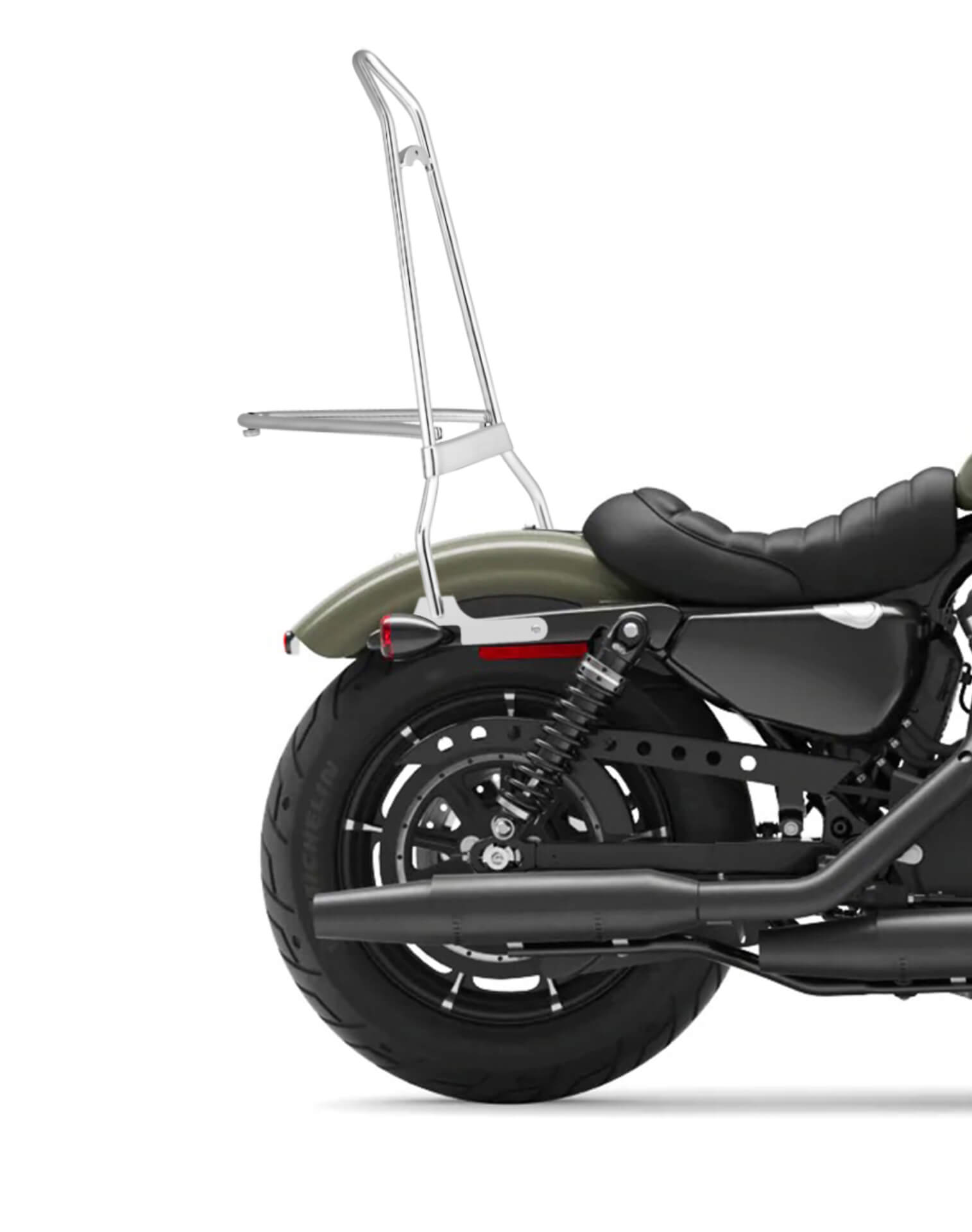 Iron Born Blade 25" Sissy Bar with Foldable Luggage Rack for Harley Sportster 883 Iron XL883N Chrome Close Up View