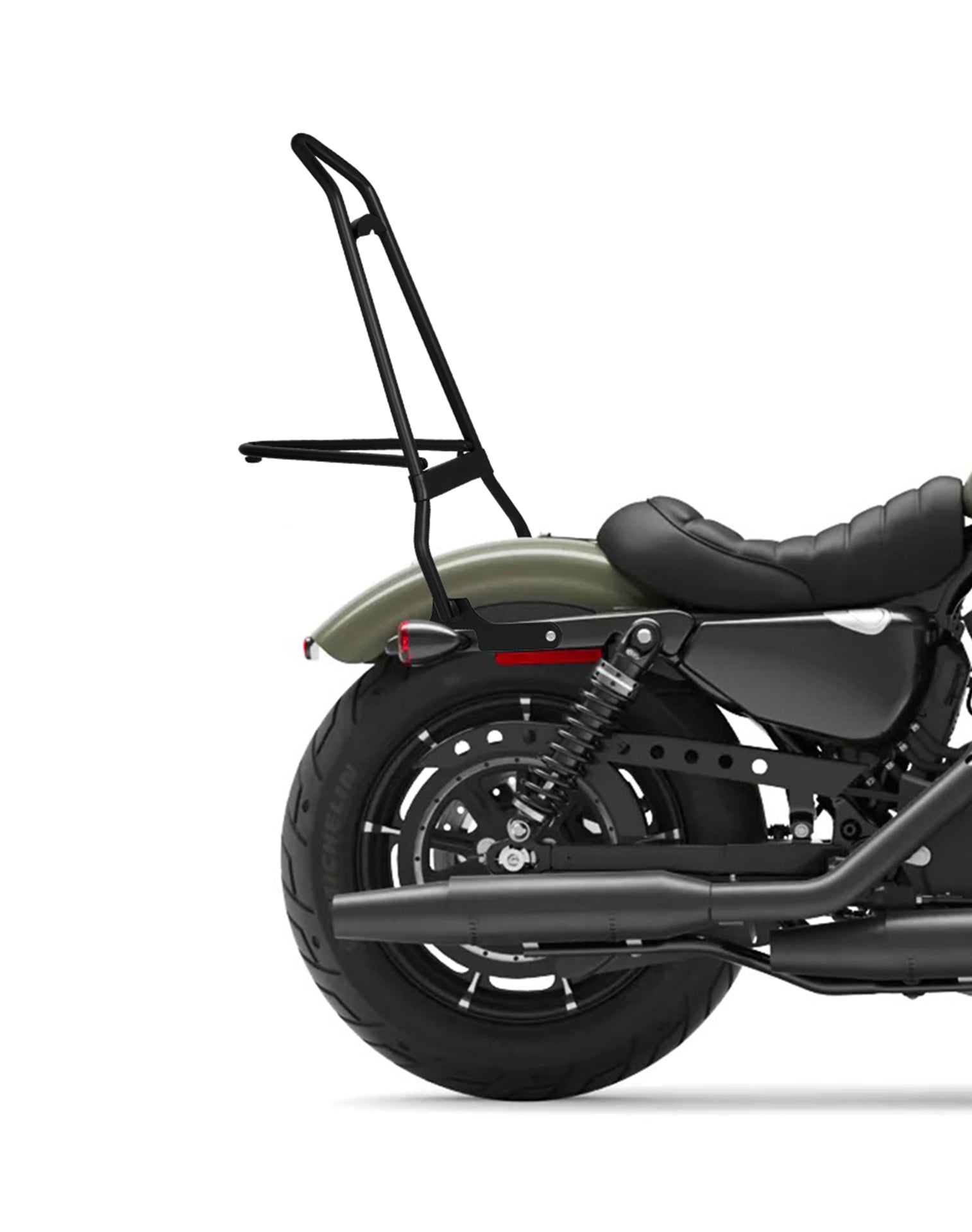 Iron Born Sissy Bar with Foldable Luggage Rack for Harley Sportster 883 Iron XL883N Matte Black Close Up View