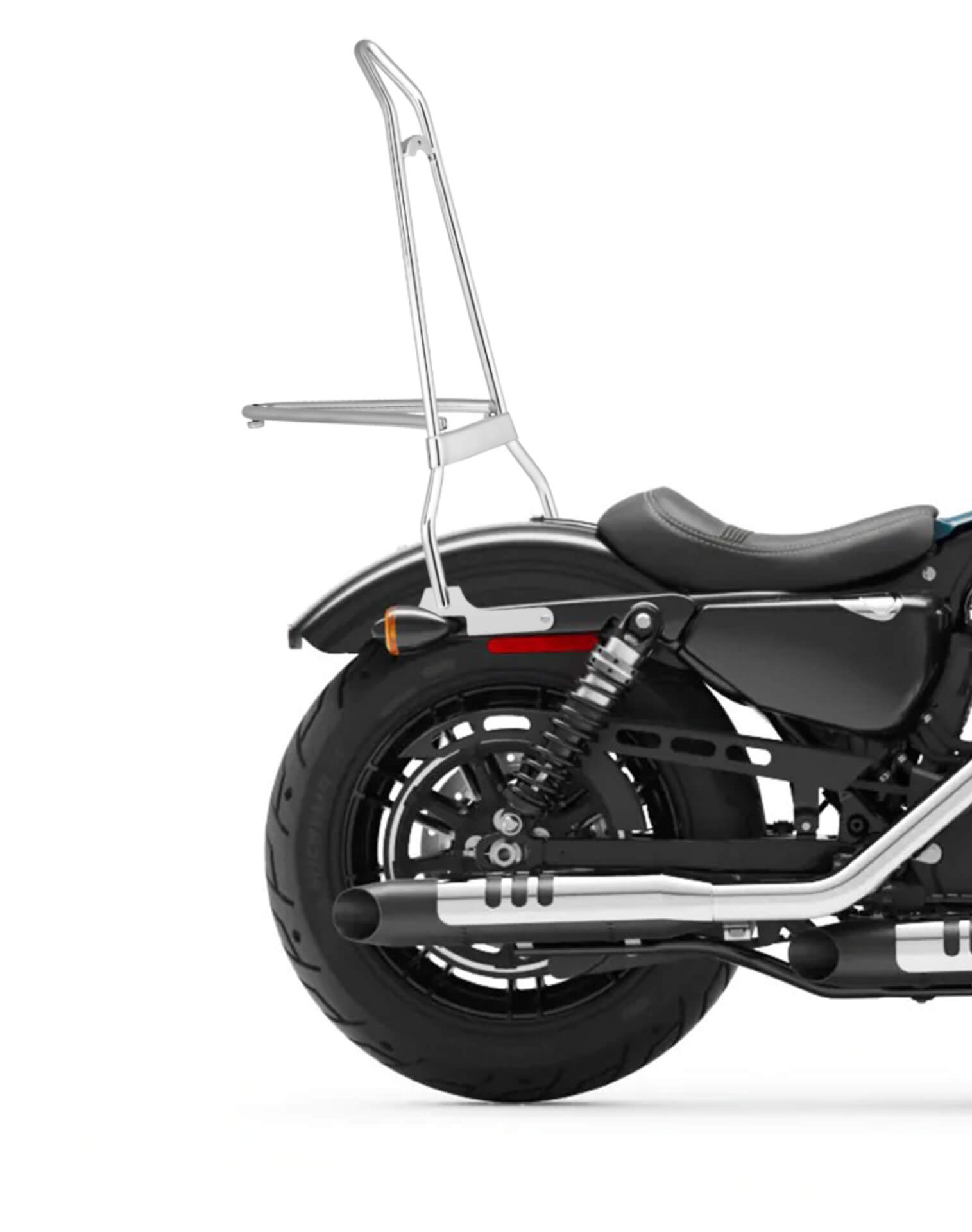 Iron Born Blade 25" Sissy Bar with Foldable Luggage Rack for Harley Sportster Forty Eight Chrome Close Up View