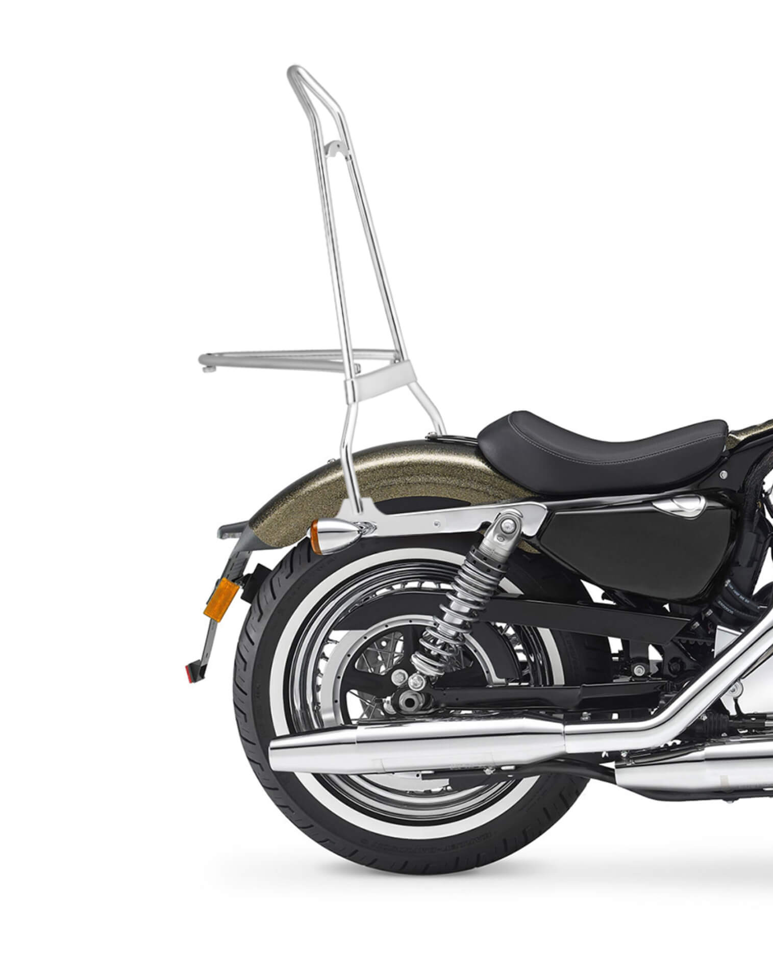 Iron Born Blade 25" Sissy Bar with Foldable Luggage Rack for Harley Sportster Seventy Two Chrome Close Up View