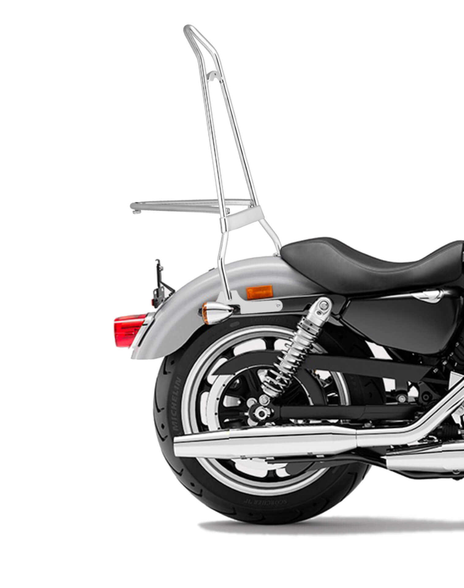 Iron Born Blade 25" Sissy Bar with Foldable Luggage Rack for Harley Sportster SuperLow Chrome Close Up View