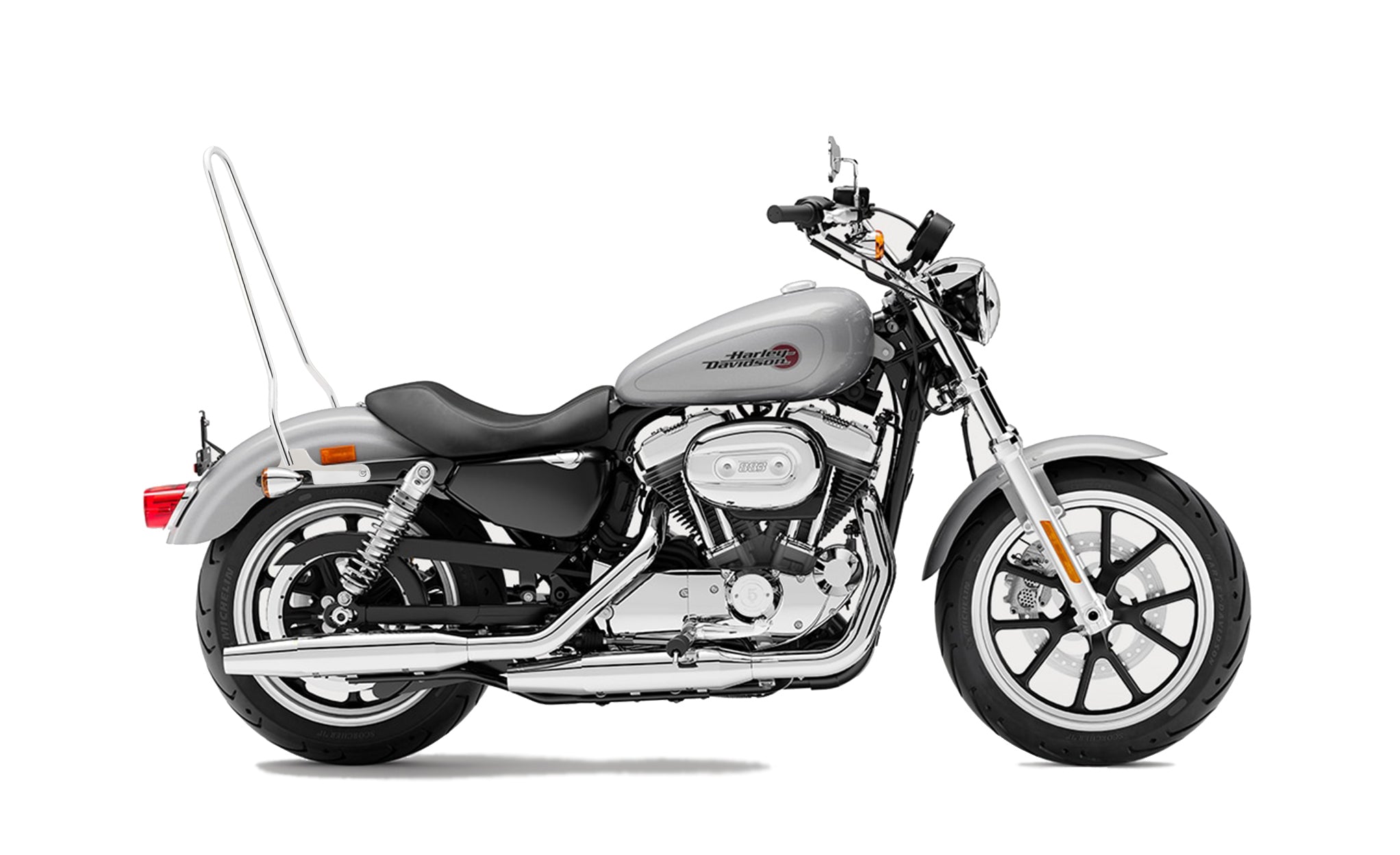 Iron Born Standard 25" Sissy Bar for Harley Sportster SuperLow Chrome Bag on Bike View @expand