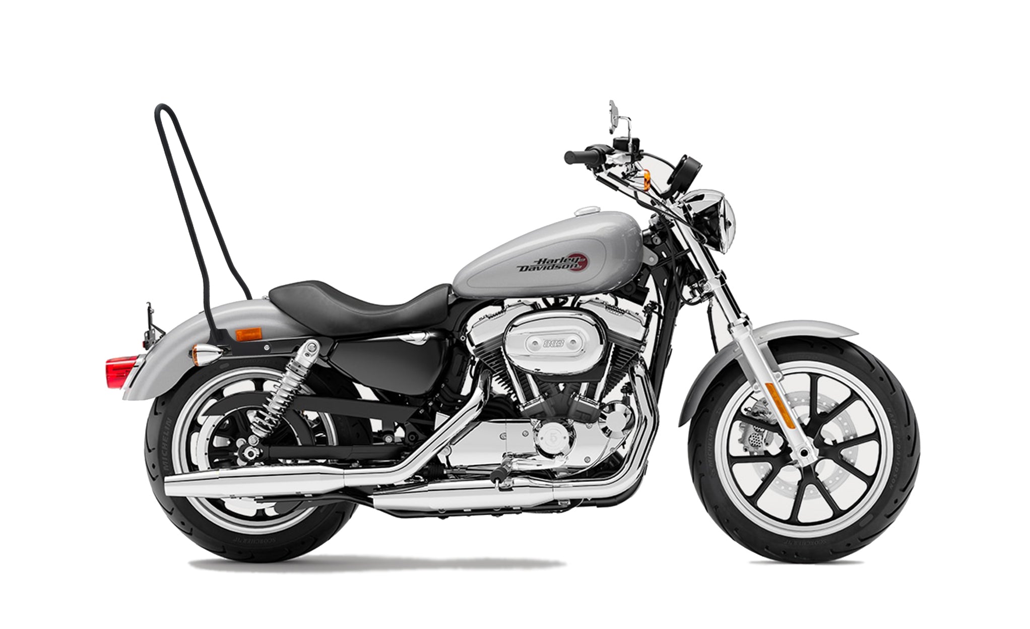 Iron Born Standard 25" Sissy Bar for Harley Sportster SuperLow Matte Black Bag on Bike View @expand